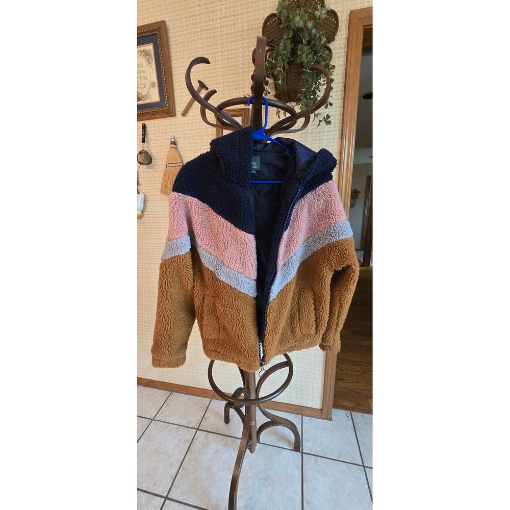 Wild Fable Sherpa Fleece Hoodie Jacket Navy Pink Tan Chevron Colorblock Medium